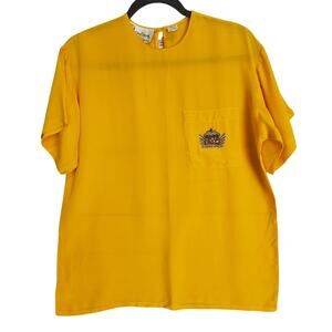Vintage Oleg Cassini 100% Silk Blouse Collection Shirt Beaded Logo Emblem Size 6